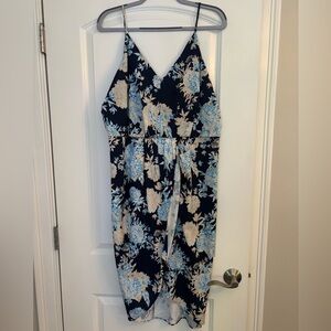 Floral V-Neck Wrap Dress in Blue and Cream